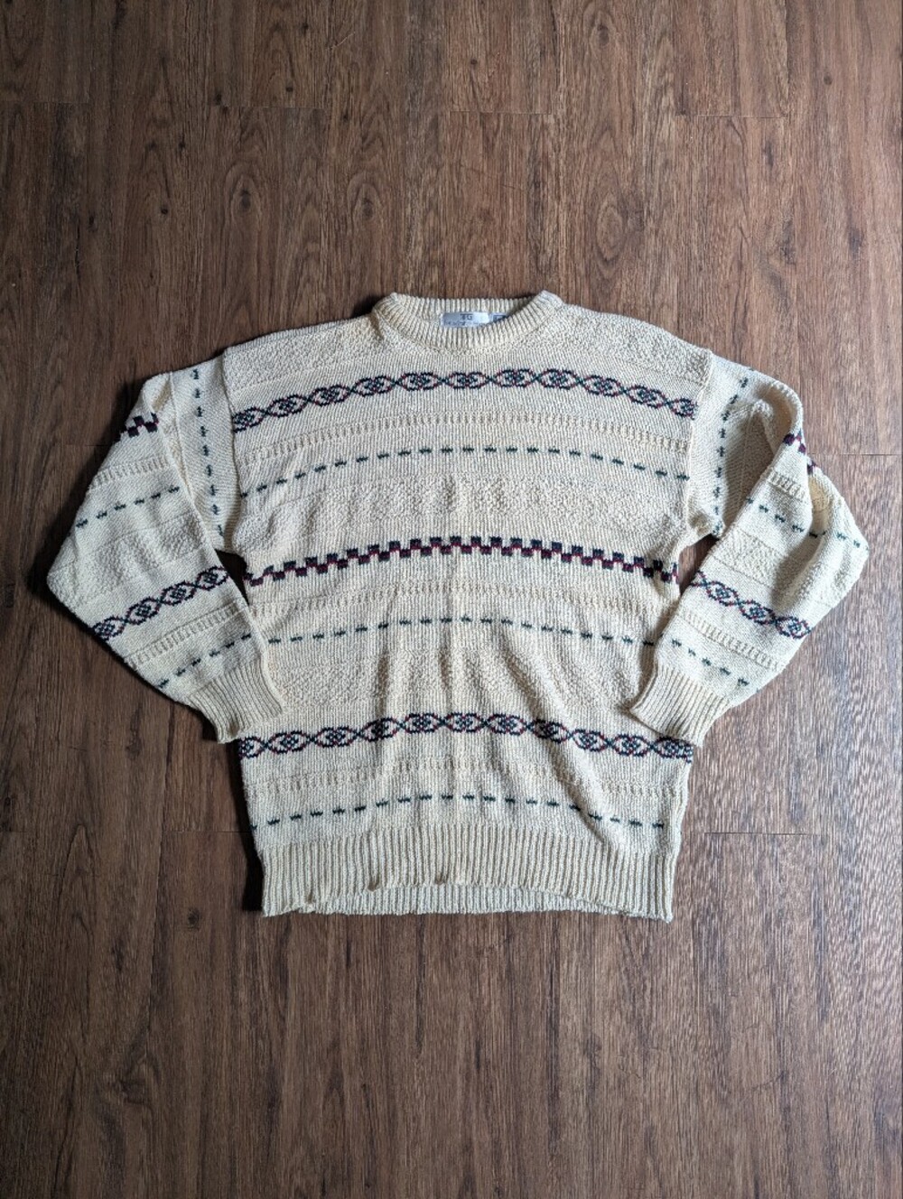 Vintage Men's Cream Oversized Crewneck Patterned Sweater Sz L